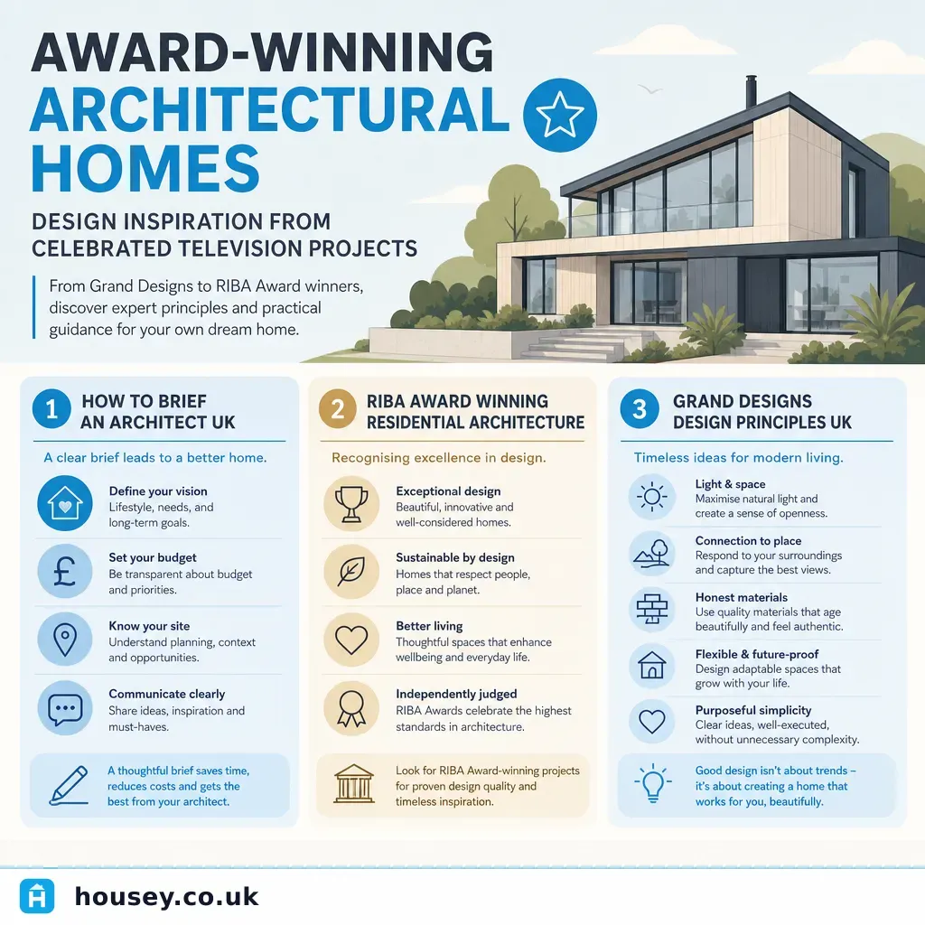 Infographic illustrating: Award-winning architectural homes: design inspiration from celebrated television projects