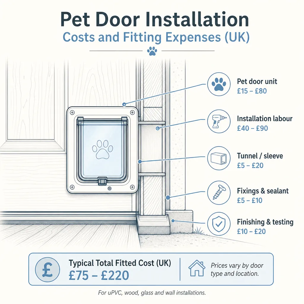 Diagram illustrating: Pet Door Installation Costs and Fitting Expenses