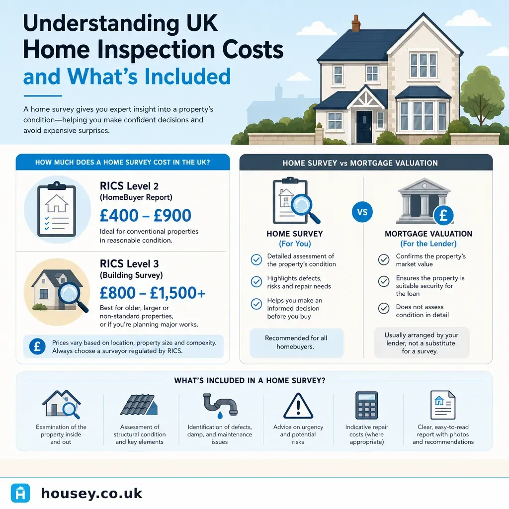 Infographic illustrating: Understanding UK Home Inspection Costs and What's Included