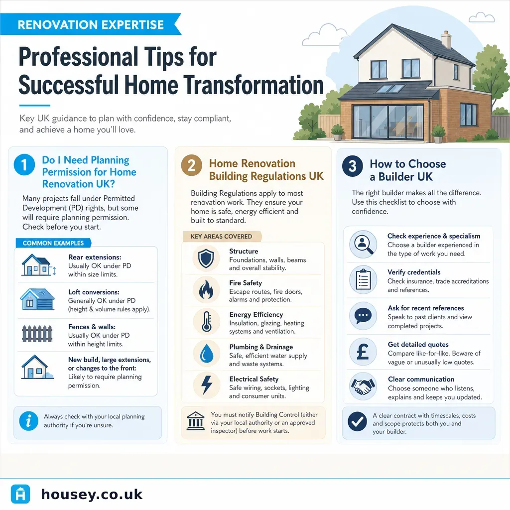 Infographic illustrating: Renovation Expertise: Professional Tips for Successful Home Transformation