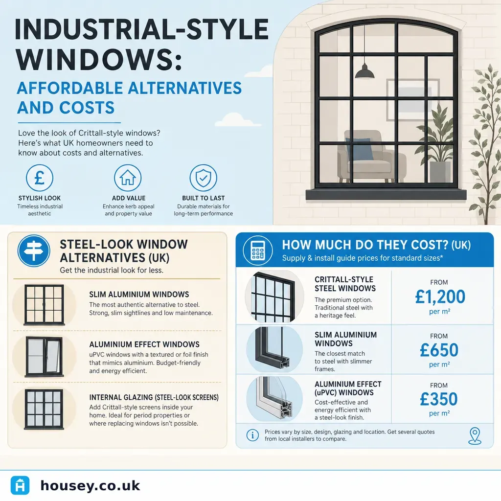 Infographic illustrating: Industrial-Style Windows: Affordable Alternatives and Costs