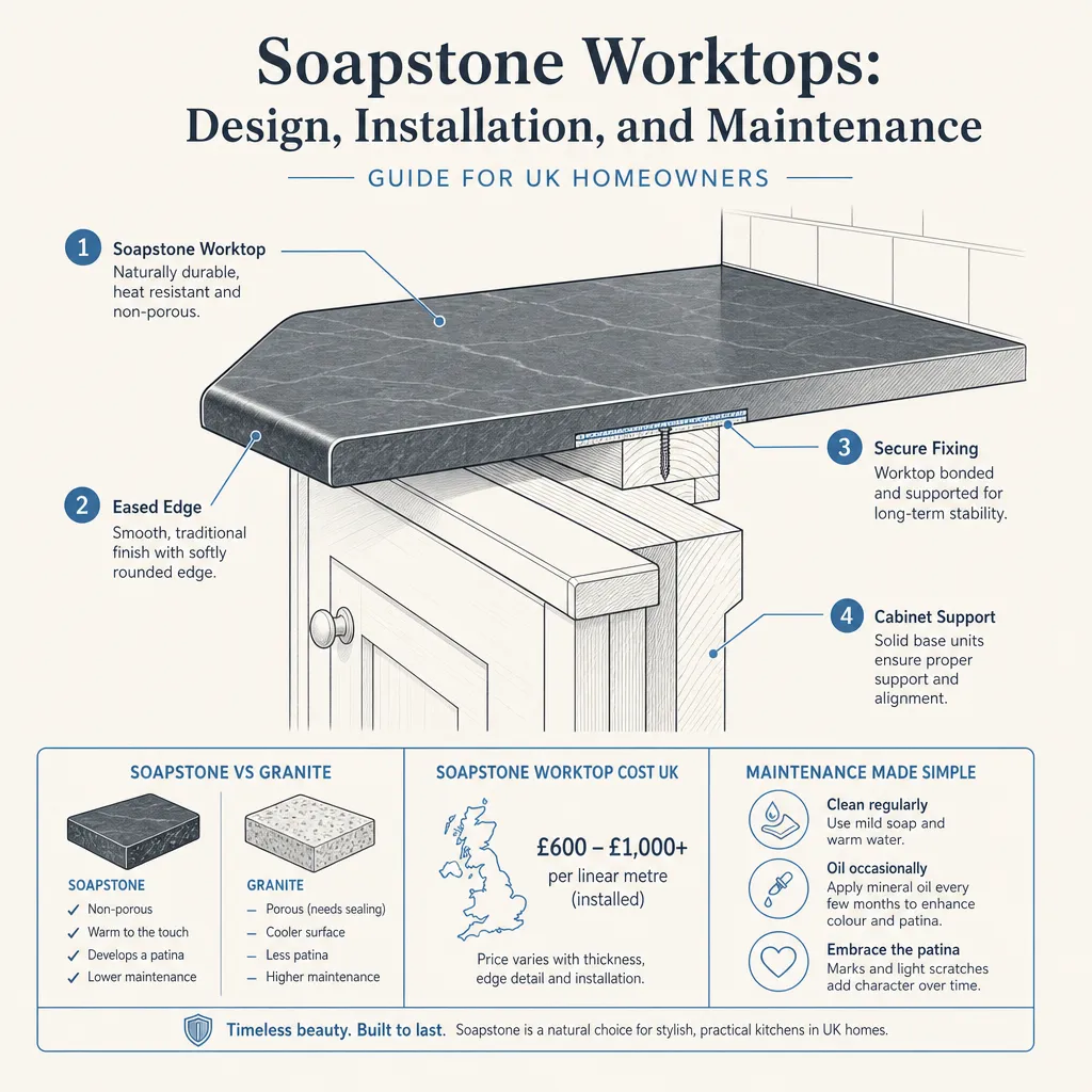 Diagram illustrating: Soapstone Worktops: Design, Installation, and Maintenance