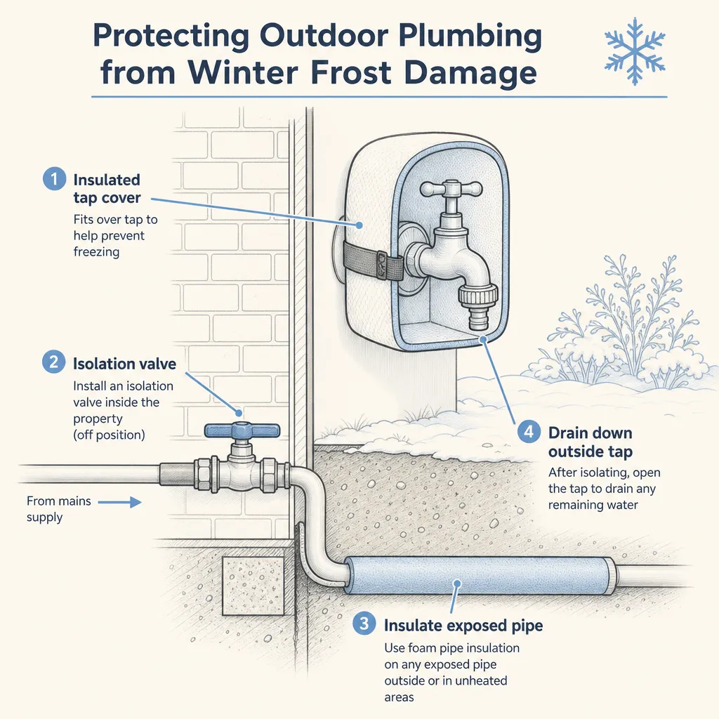 Diagram illustrating: Protecting Outdoor Plumbing from Winter Frost Damage