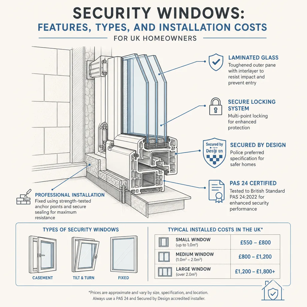 Diagram illustrating: Security Windows: Features, Types, and Installation Costs