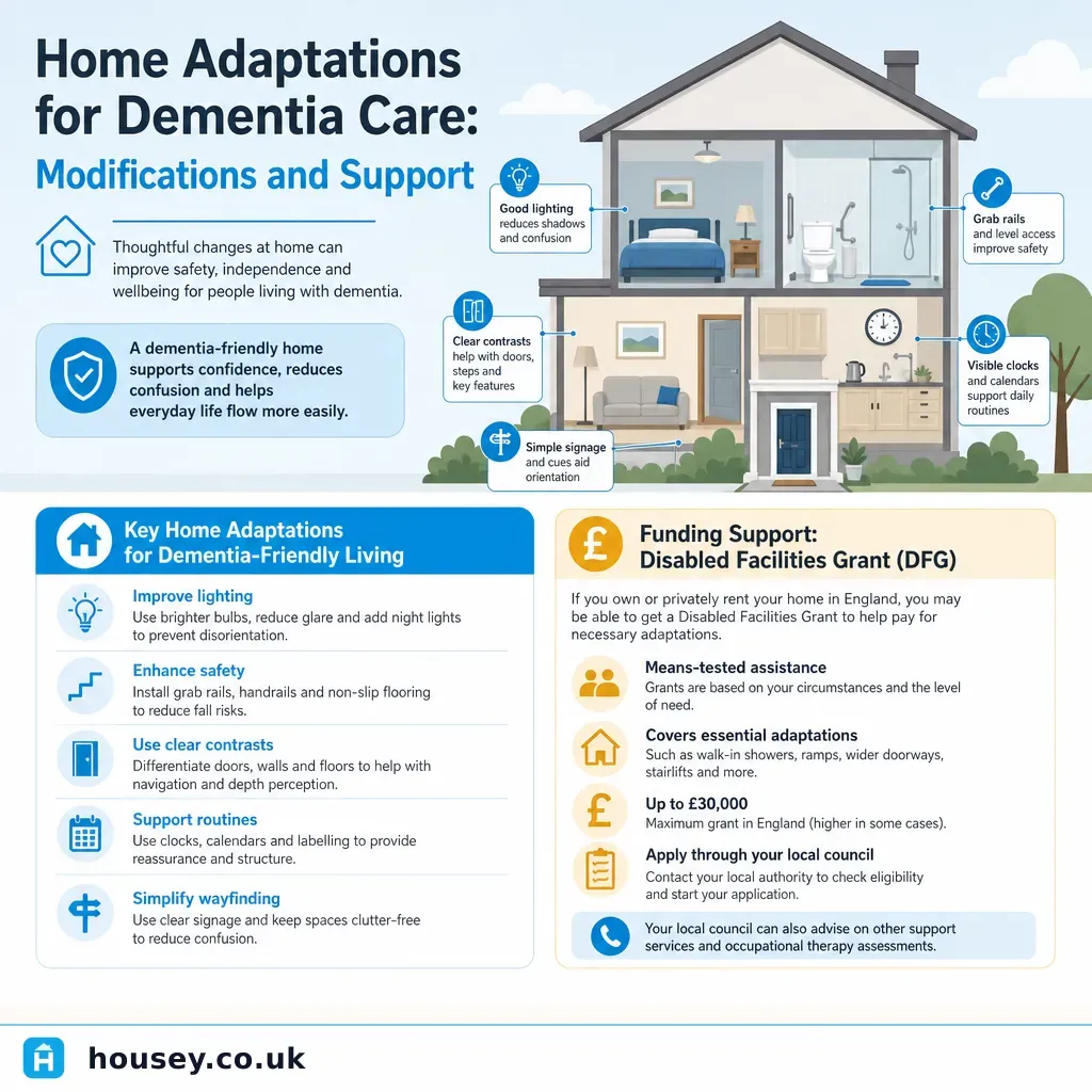 Infographic illustrating: Home Adaptations for Dementia Care: Modifications and Support