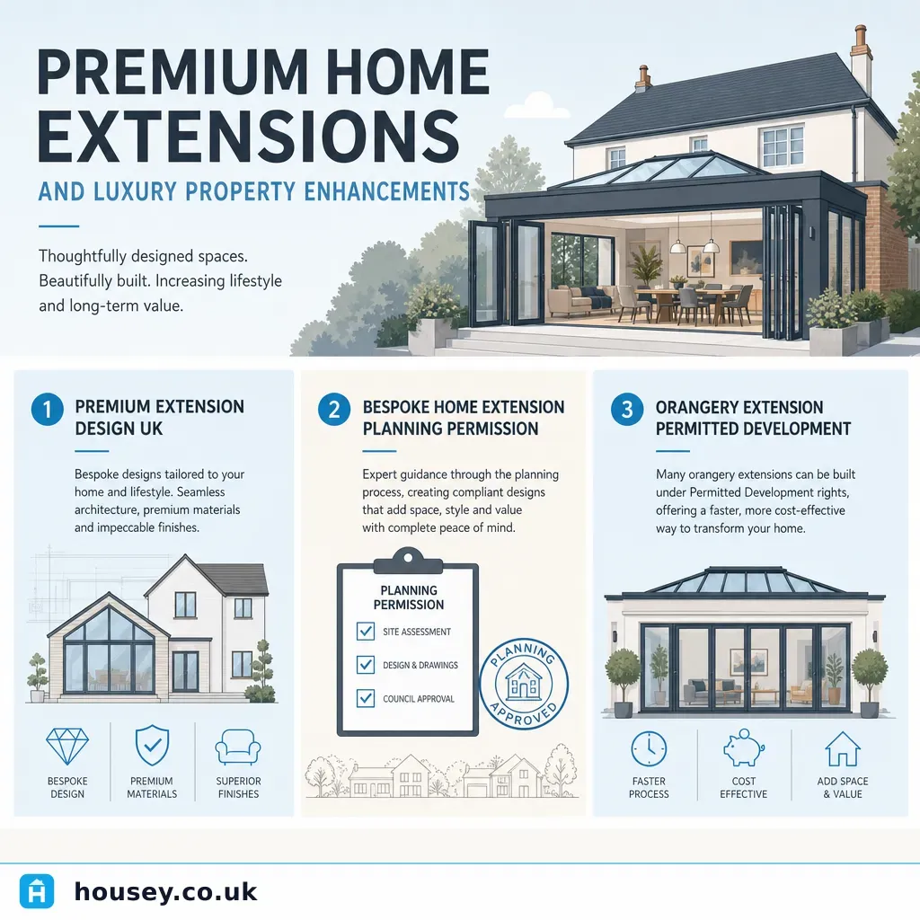 Infographic illustrating: Premium Home Extensions and Luxury Property Enhancements