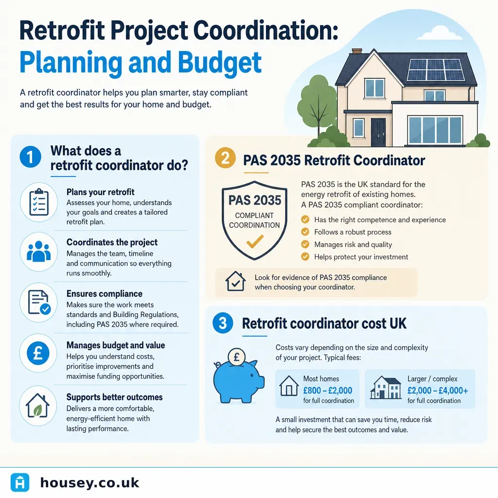 Infographic illustrating: Retrofit Project Coordination: Planning and Budget