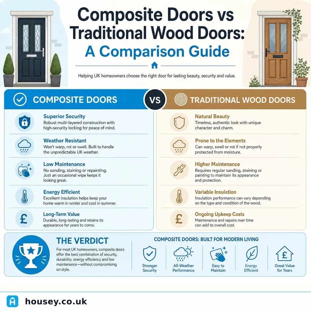 Infographic illustrating: Composite Doors vs Traditional Wood Doors: A Comparison Guide