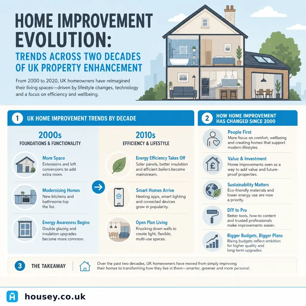 Infographic illustrating: Home Improvement Evolution: Trends Across Two Decades of UK Property Enhancement