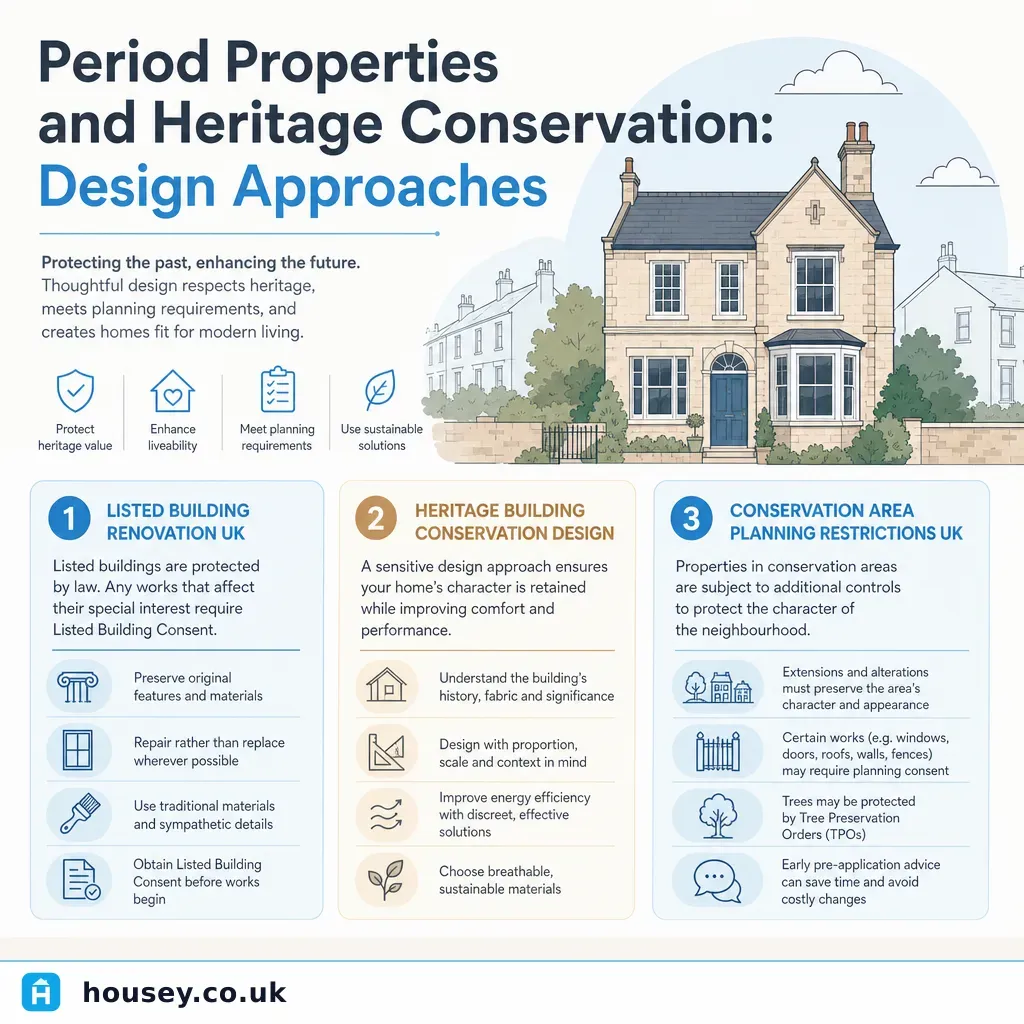 Infographic illustrating: Period Properties and Heritage Conservation: Design Approaches