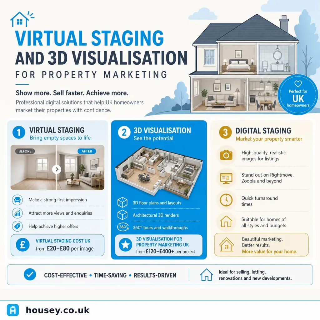 Infographic illustrating: Virtual Staging and 3D Visualisation for Property Marketing
