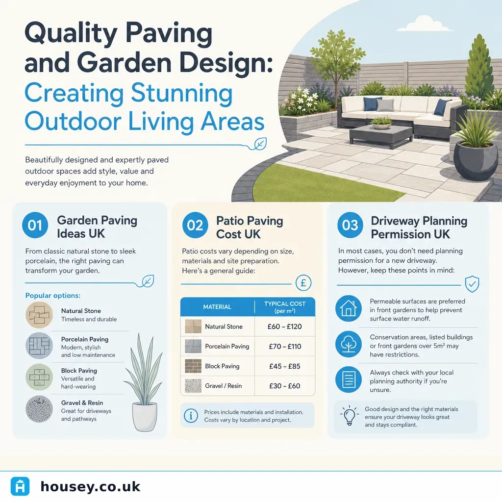 Infographic illustrating: Quality Paving and Garden Design: Creating Stunning Outdoor Living Areas