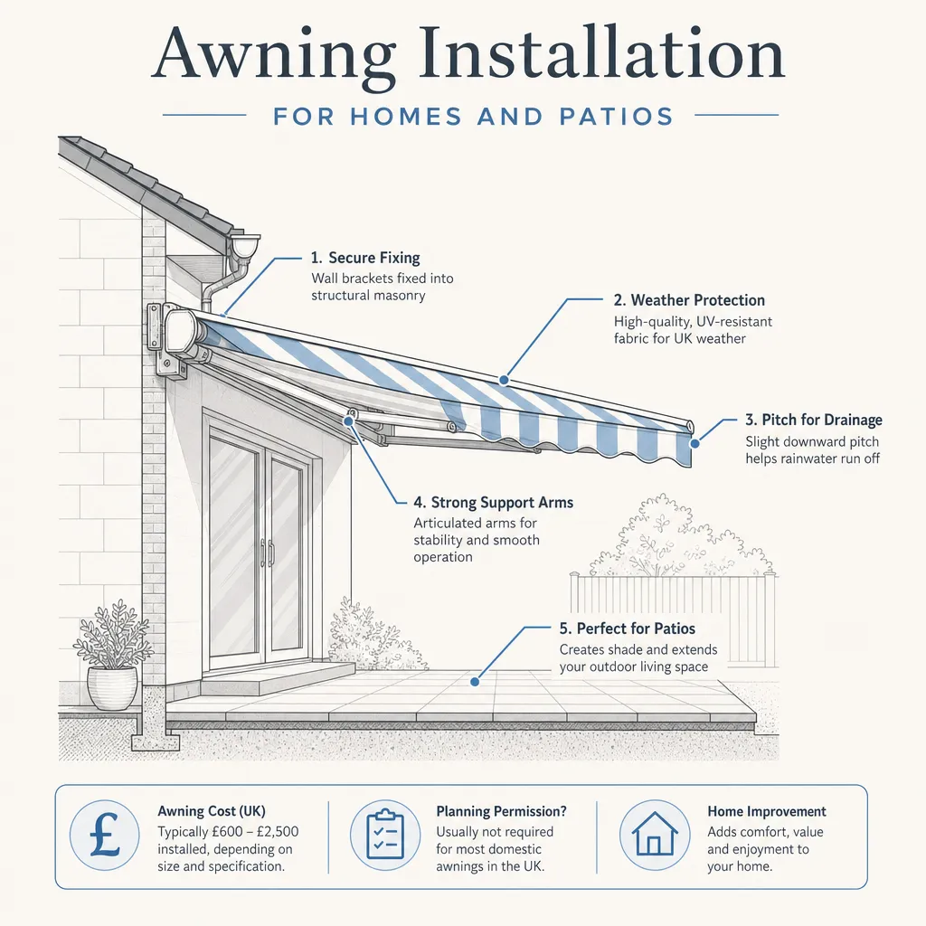 Diagram illustrating: Awning Installation for Homes and Patios