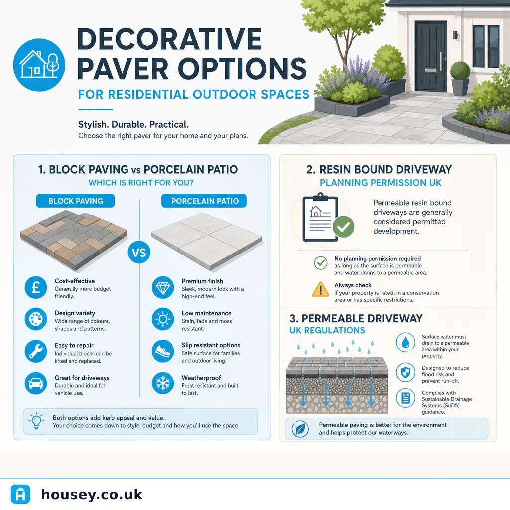 Infographic illustrating: Decorative Paver Options for Residential Outdoor Spaces