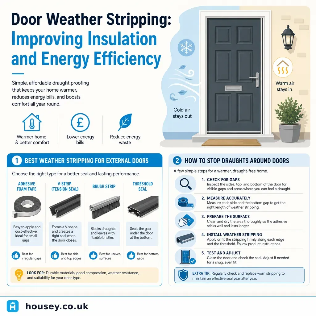 Infographic illustrating: Door Weather Stripping: Improving Insulation and Energy Efficiency