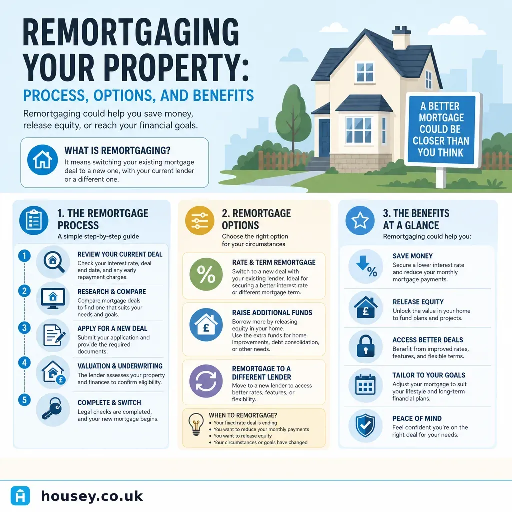 Infographic illustrating: Remortgaging Your Property: Process, Options, and Benefits