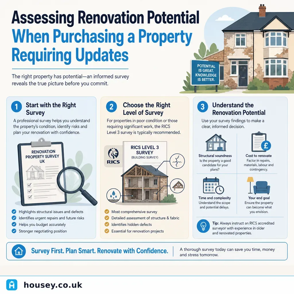 Infographic illustrating: Assessing Renovation Potential When Purchasing a Property Requiring Updates