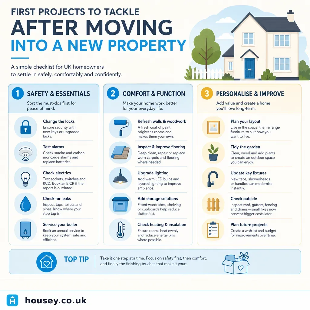 Infographic illustrating: First Projects to Tackle After Moving into a New Property