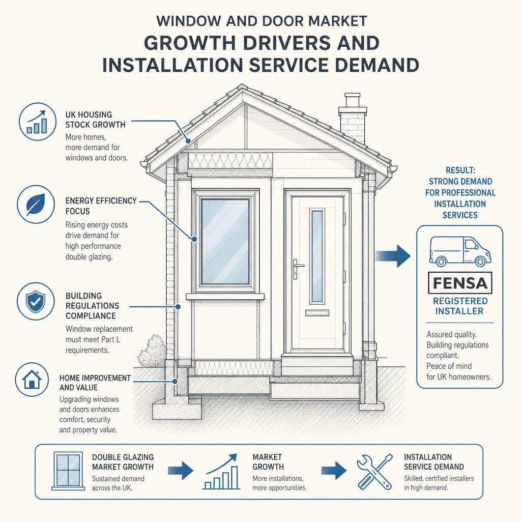 Diagram illustrating: Window and Door Market Growth Drivers and Installation Service Demand