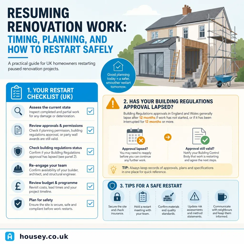 Infographic illustrating: Resuming Renovation Work: Timing, Planning, and How to Restart Safely