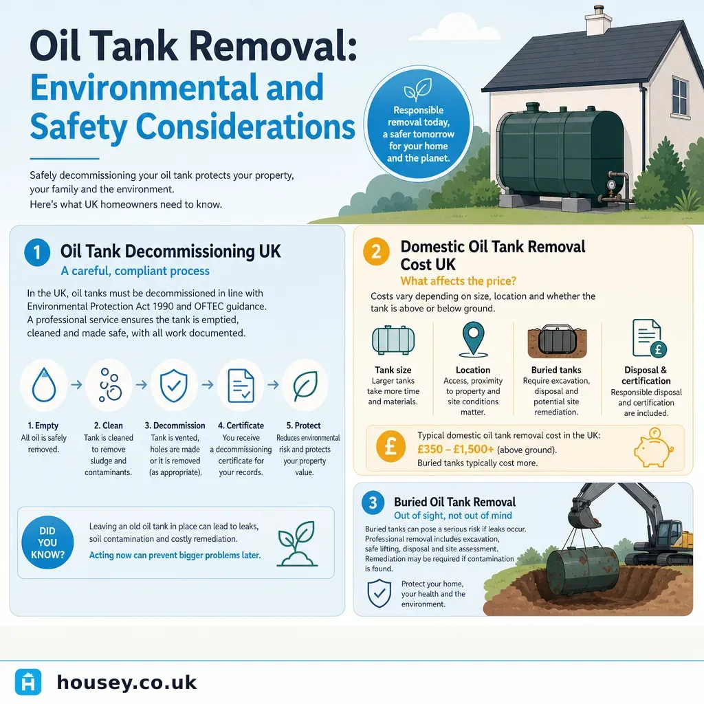 Infographic illustrating: Oil Tank Removal: Environmental and Safety Considerations