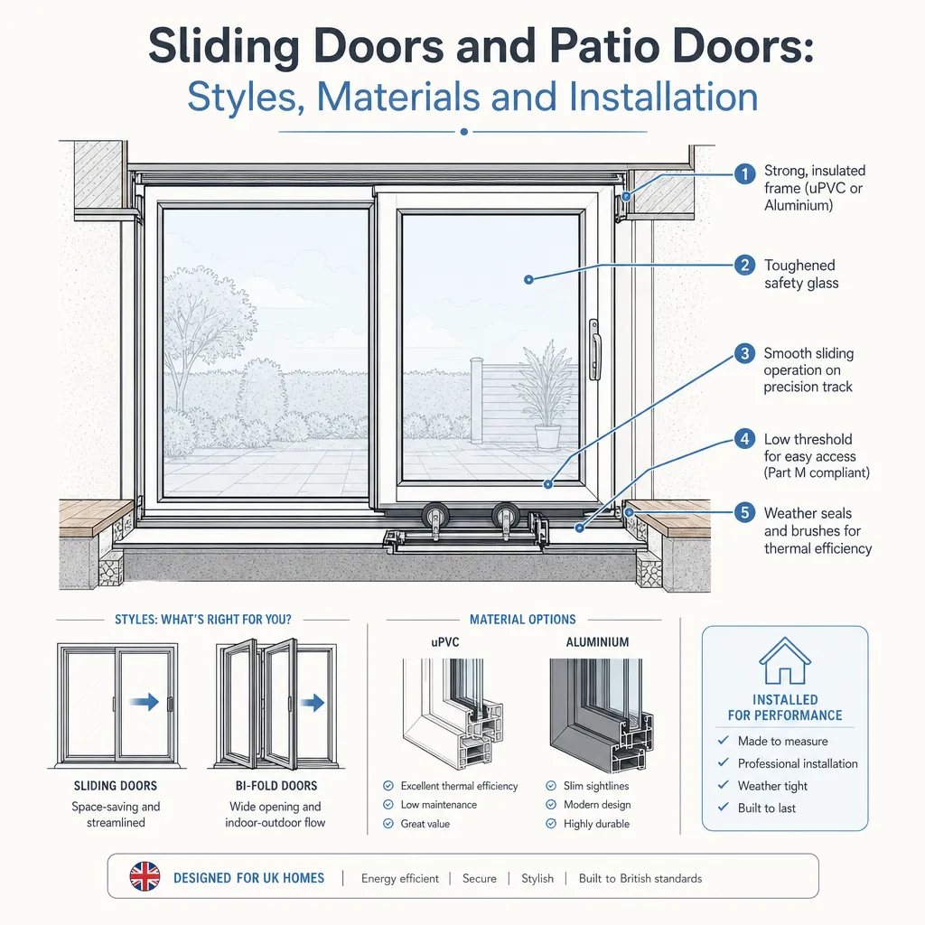 Diagram illustrating: Sliding Doors and Patio Doors: Styles, Materials and Installation
