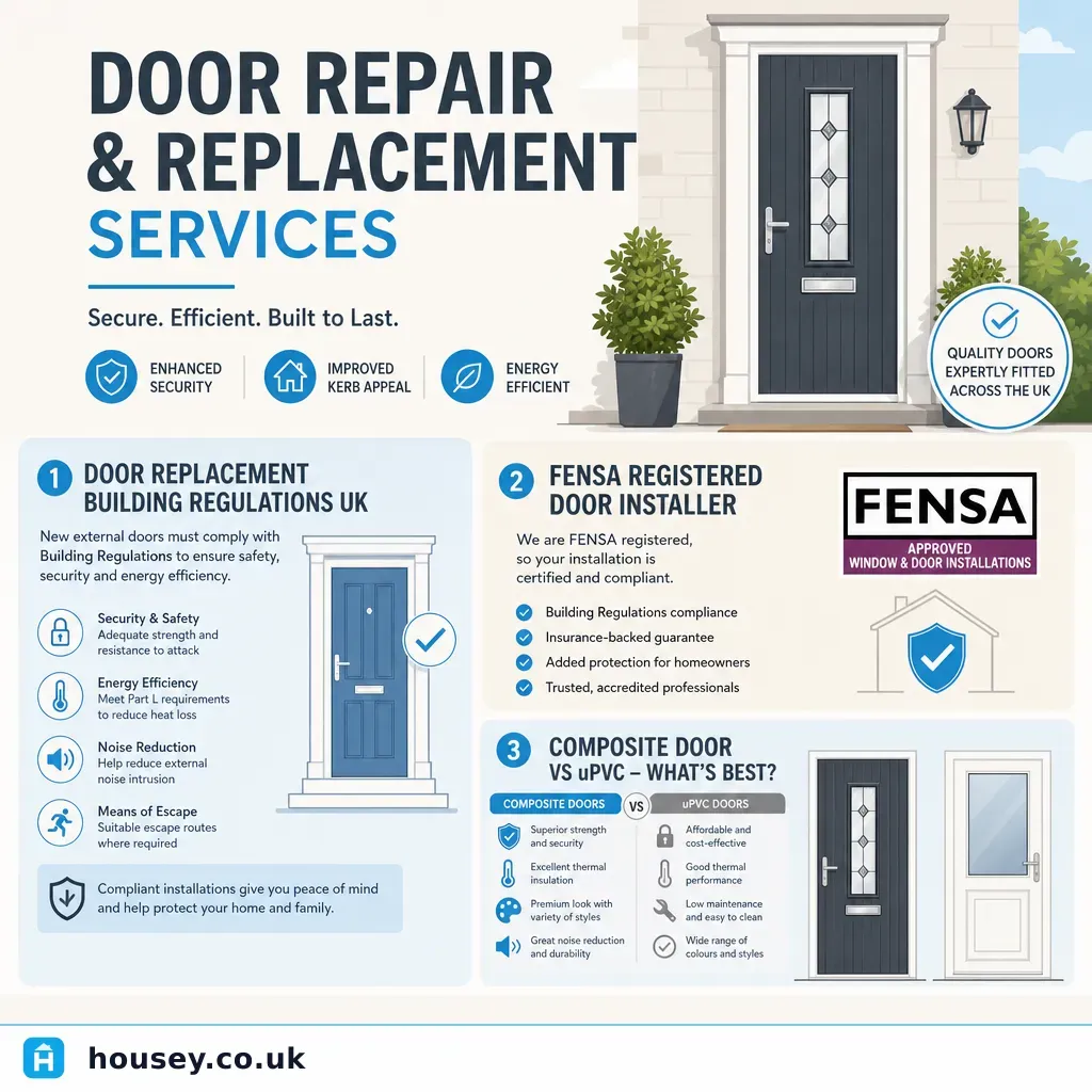 Infographic illustrating: Door Repair and Replacement Services