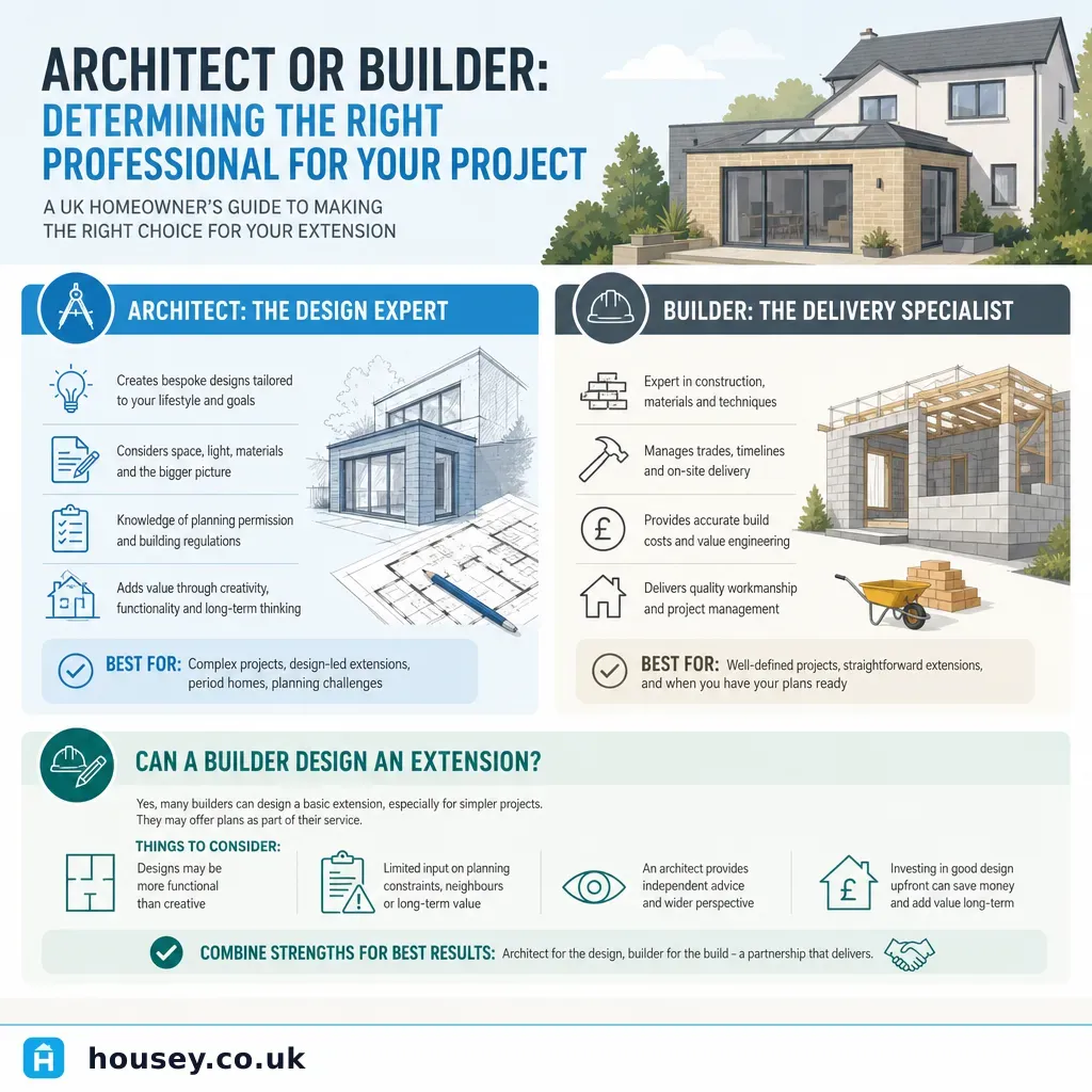 Infographic illustrating: Architect or Builder: Determining the Right Professional for Your Project