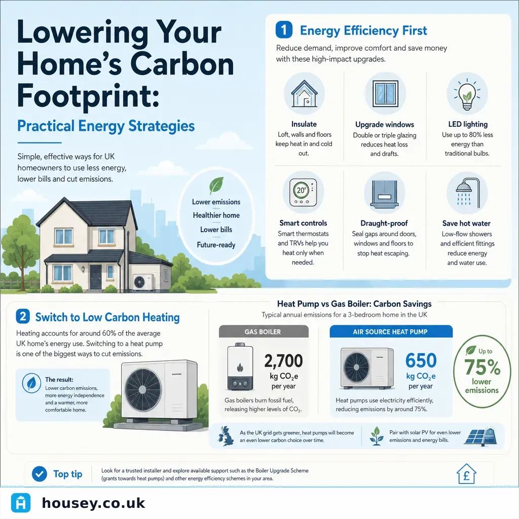 Infographic illustrating: Lowering Your Home's Carbon Footprint: Practical Energy Strategies