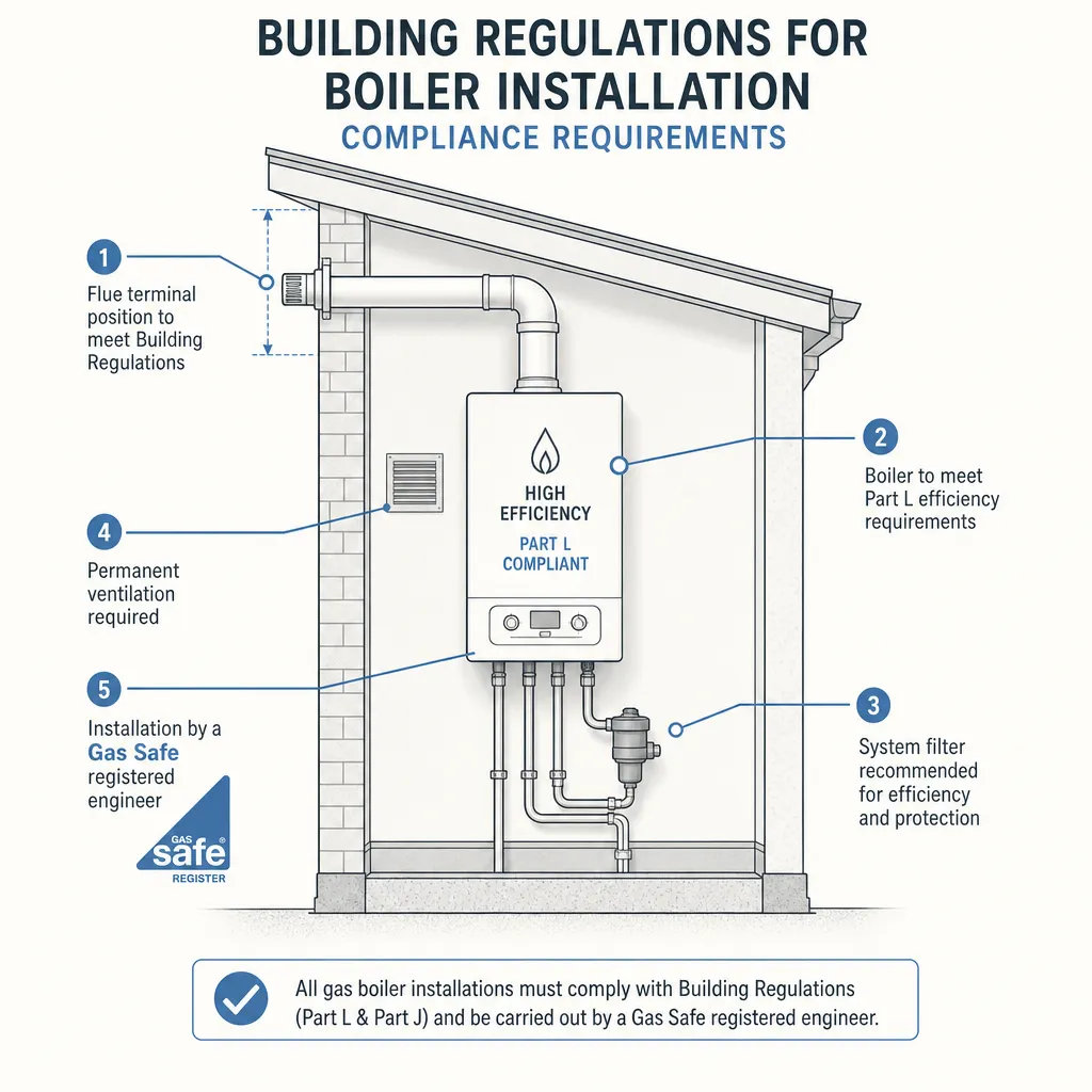 Diagram illustrating: Building regulations for boiler installation: compliance requirements