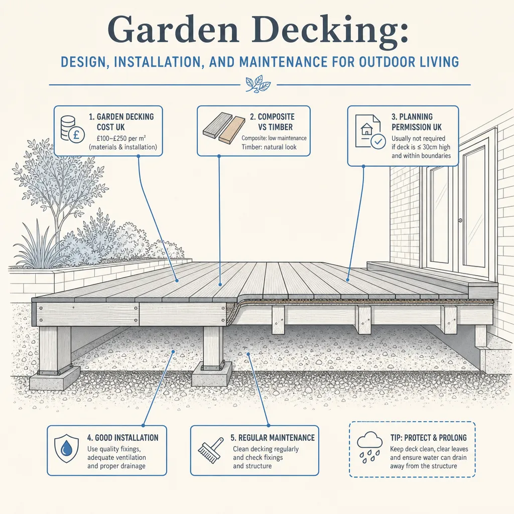 Diagram illustrating: Garden Decking: Design, Installation, and Maintenance for Outdoor Living