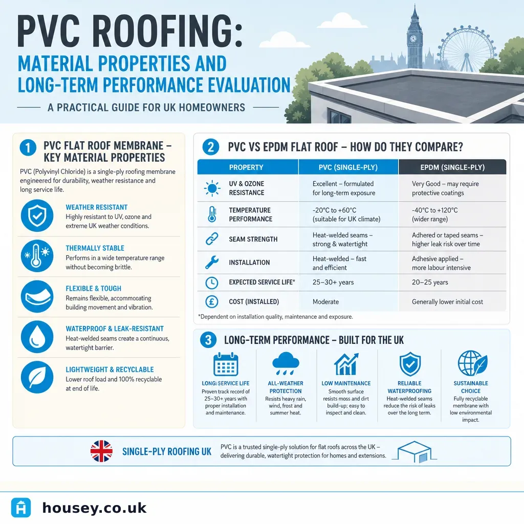 Infographic illustrating: PVC Roofing: Material Properties and Long-term Performance Evaluation