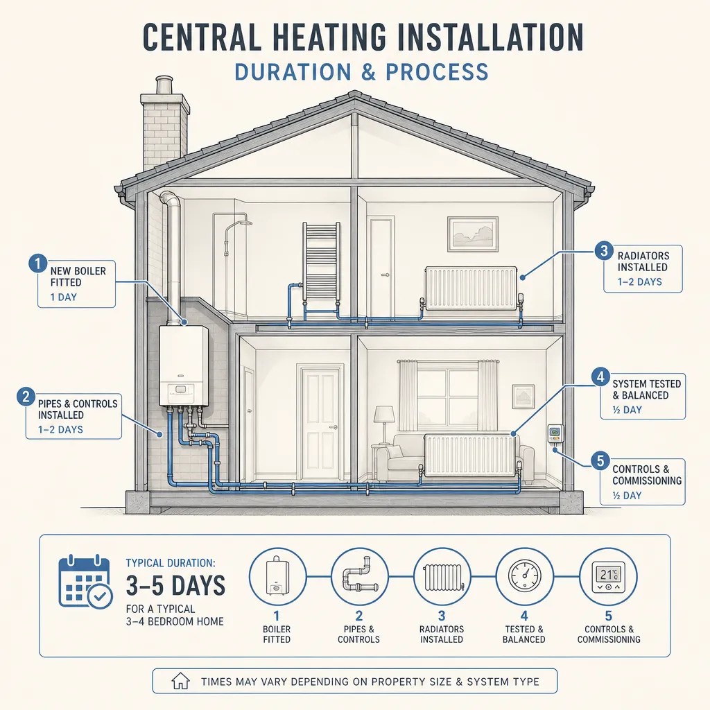 Diagram illustrating: Central Heating Installation Duration and Process