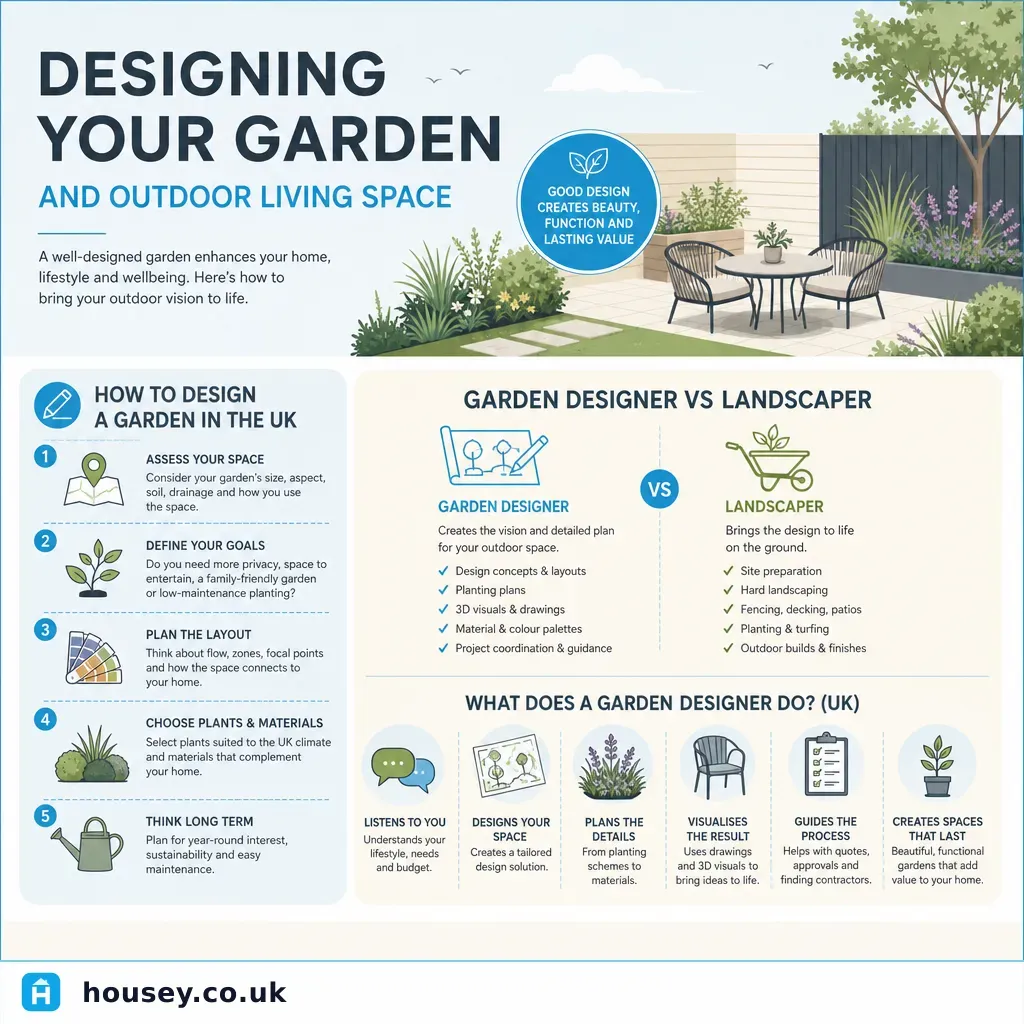Infographic illustrating: Designing Your Garden and Outdoor Living Space
