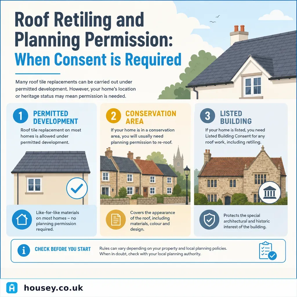 Infographic illustrating: Roof Retiling and Planning Permission: When Consent is Required
