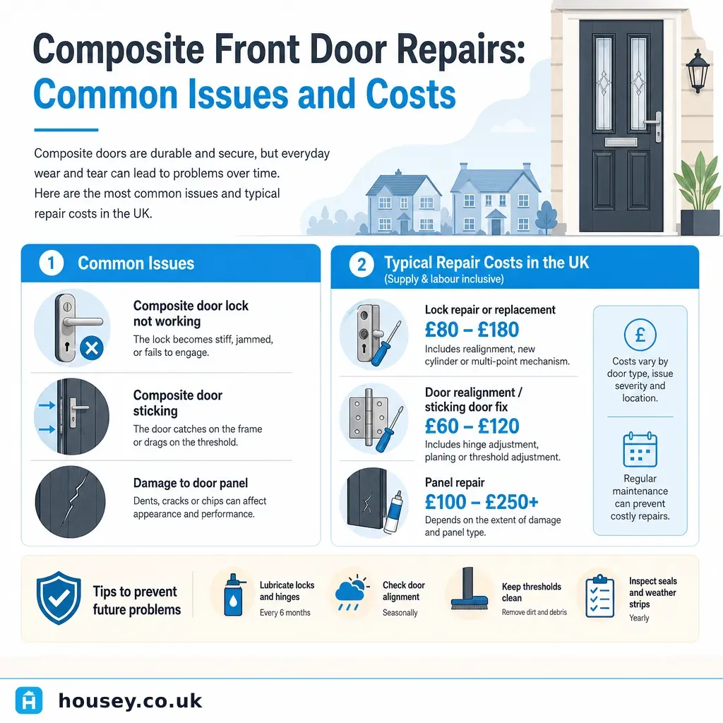 Infographic illustrating: Composite Front Door Repairs: Common Issues and Costs