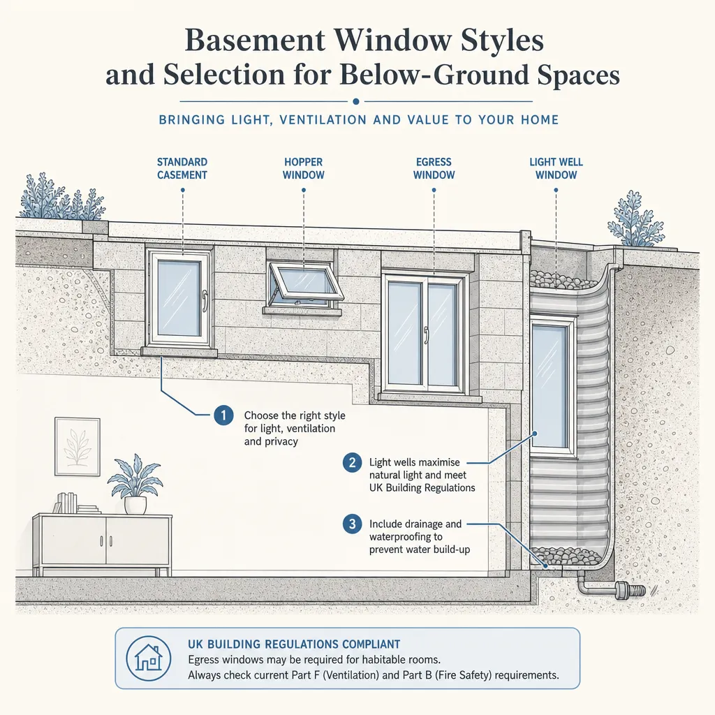 Diagram illustrating: Basement Window Styles and Selection for Below-Ground Spaces