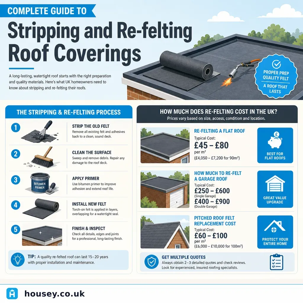 Infographic illustrating: Complete Guide to Stripping and Re-felting Roof Coverings