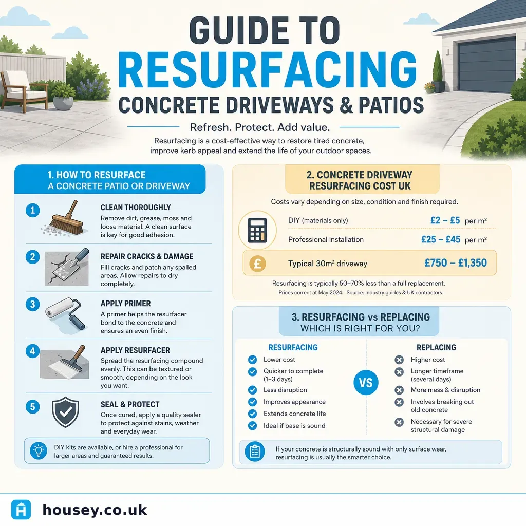 Infographic illustrating: Guide to resurfacing concrete driveways and patios