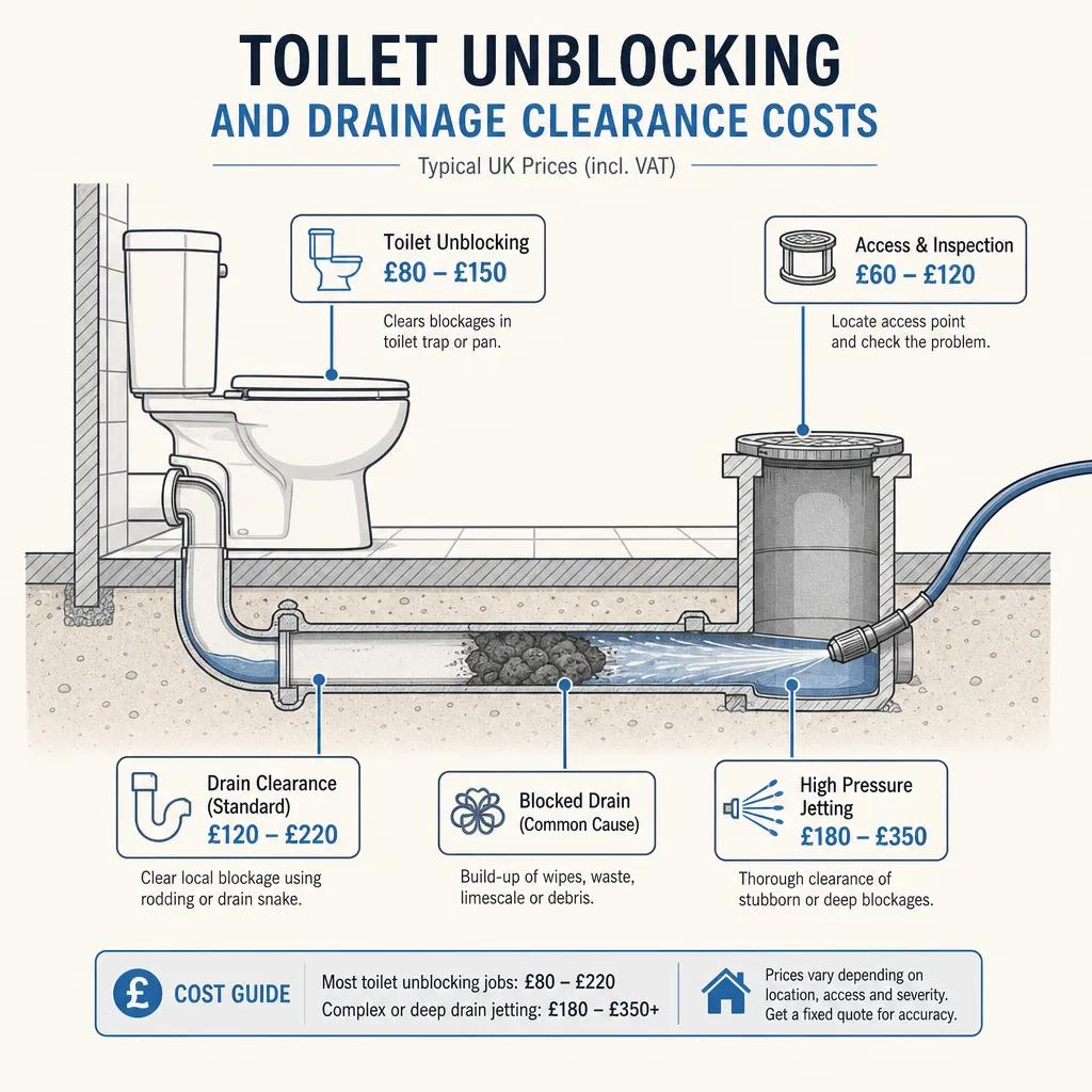Diagram illustrating: Toilet Unblocking and Drainage Clearance Costs