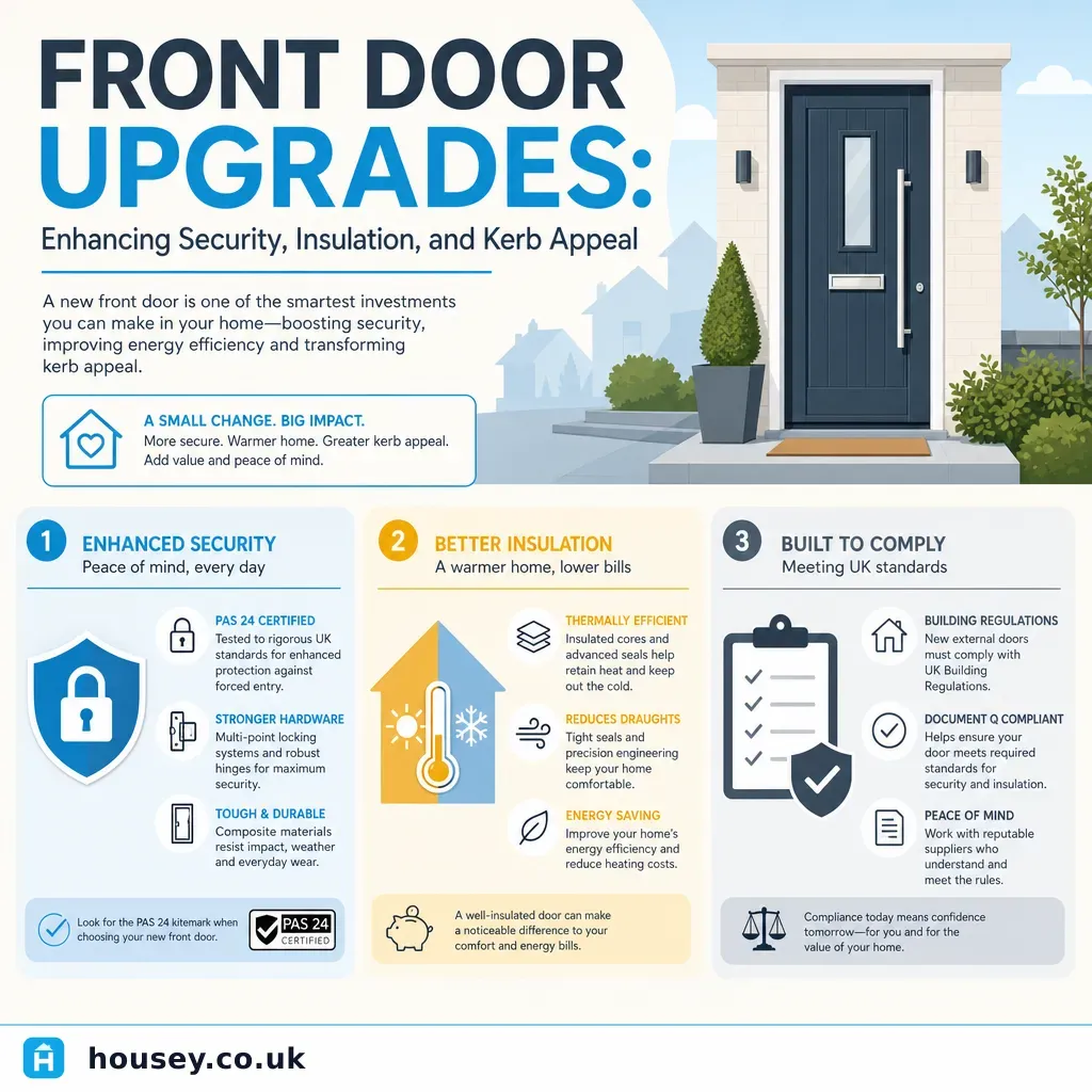 Infographic illustrating: Front Door Upgrades: Enhancing Security, Insulation, and Kerb Appeal