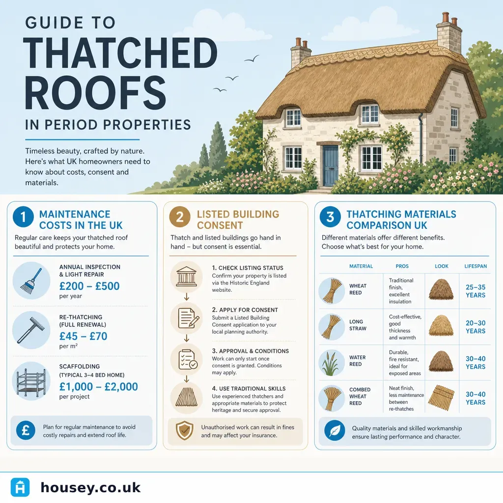 Infographic illustrating: Guide to thatched roofs in period properties
