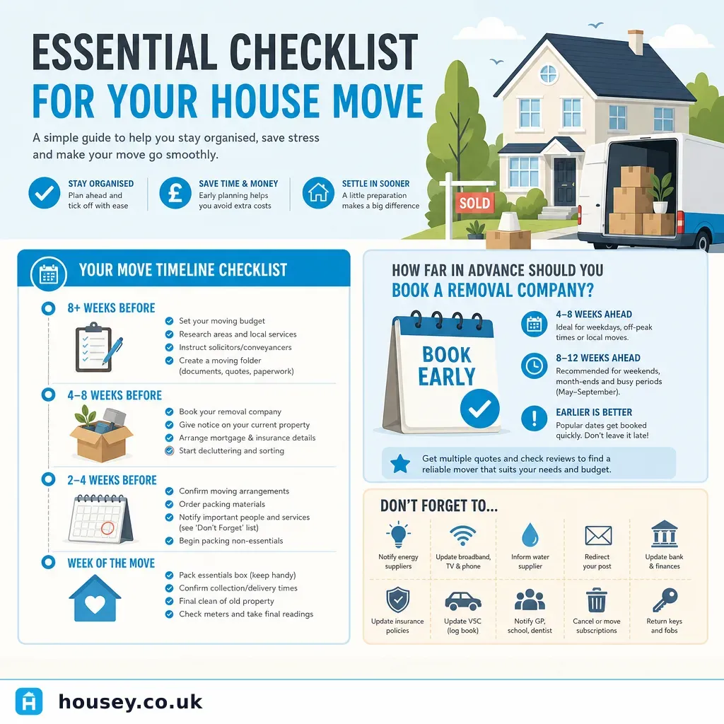 Infographic illustrating: Essential Checklist for Your House Move