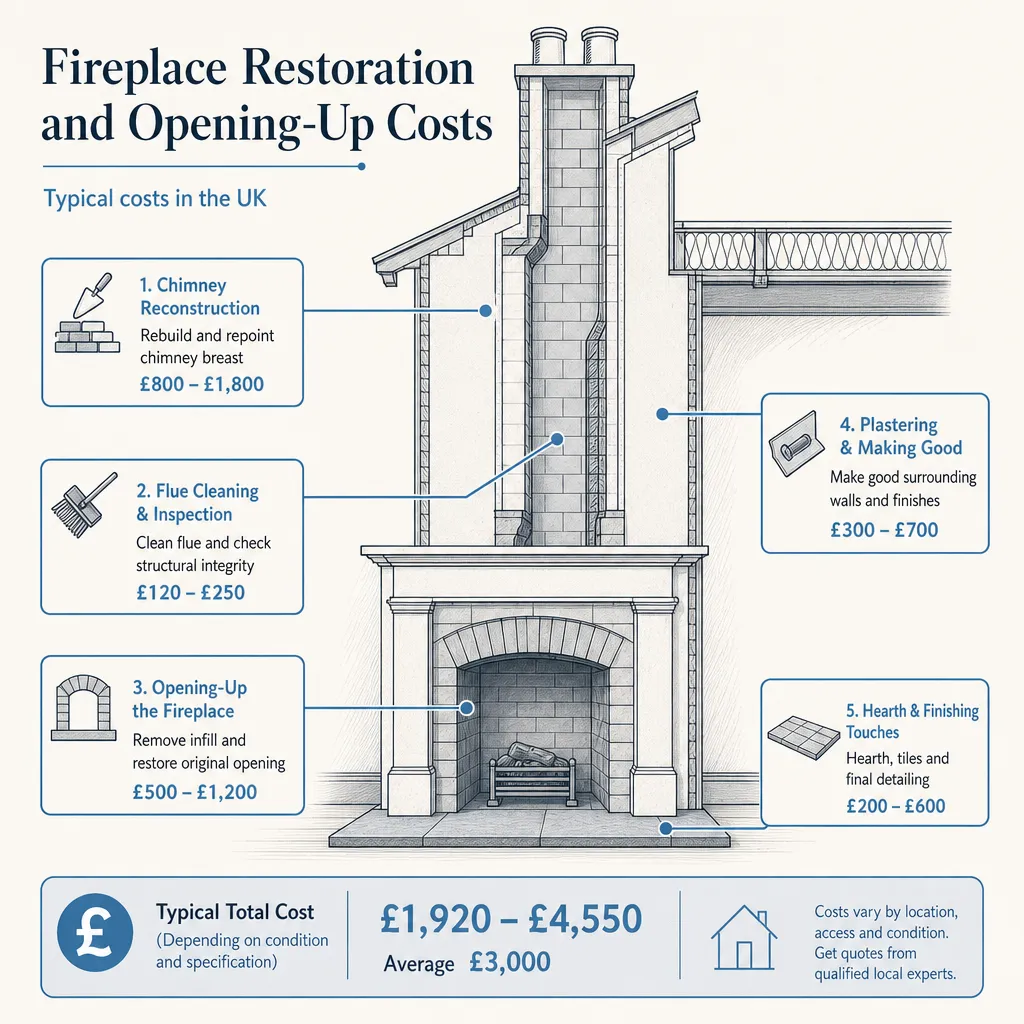 Diagram illustrating: Fireplace Restoration and Opening-Up Costs