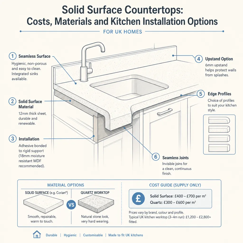 Diagram illustrating: Solid surface countertops: costs, materials and kitchen installation options
