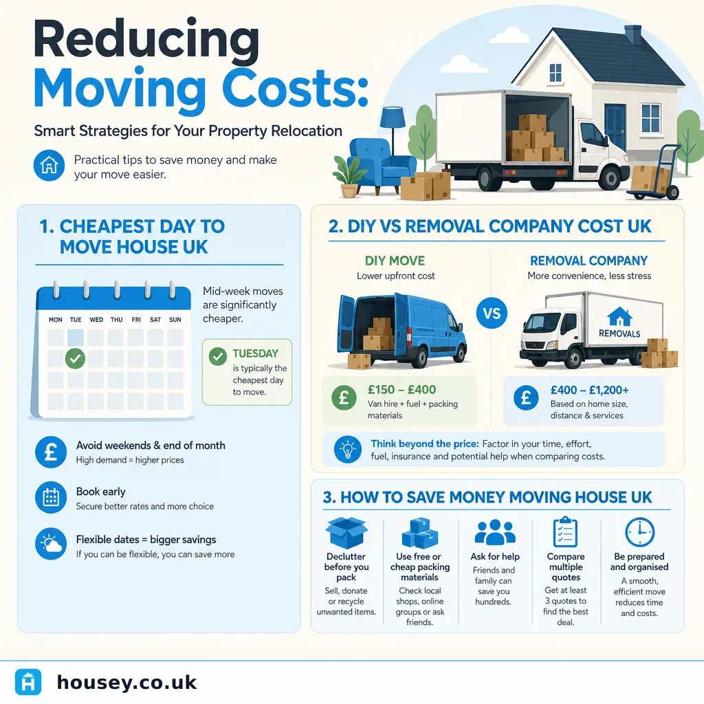 Infographic illustrating: Reducing Moving Costs: Smart Strategies for Your Property Relocation