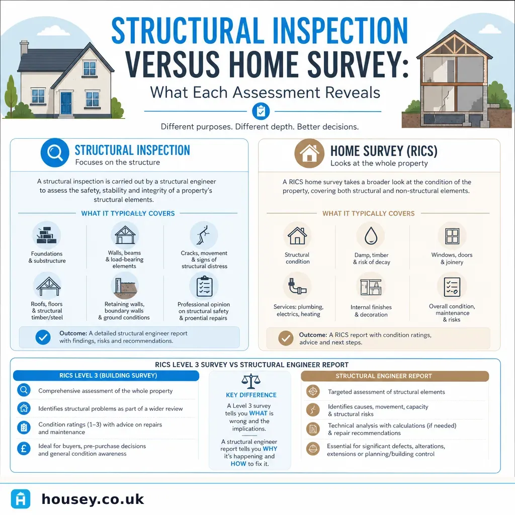 Infographic illustrating: Structural Inspection versus Home Survey: What Each Assessment Reveals