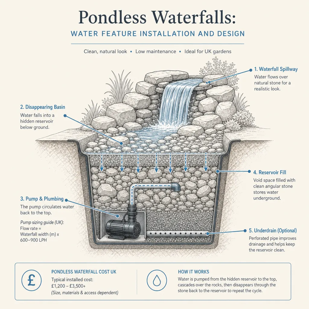 Diagram illustrating: Pondless Waterfalls: Water Feature Installation and Design