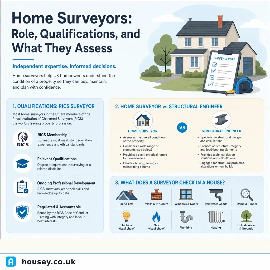 Infographic illustrating: Home Surveyors: Role, Qualifications, and What They Assess