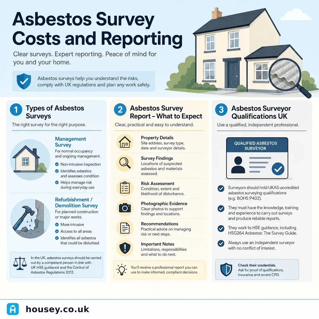 Infographic illustrating: Asbestos Survey Costs and Reporting